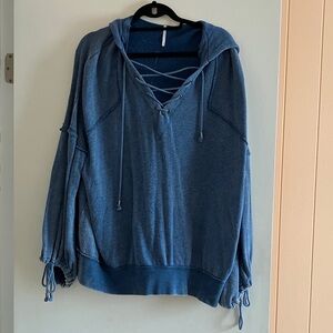 Free People Lace-Up Hooded Pullover in Denim Blue